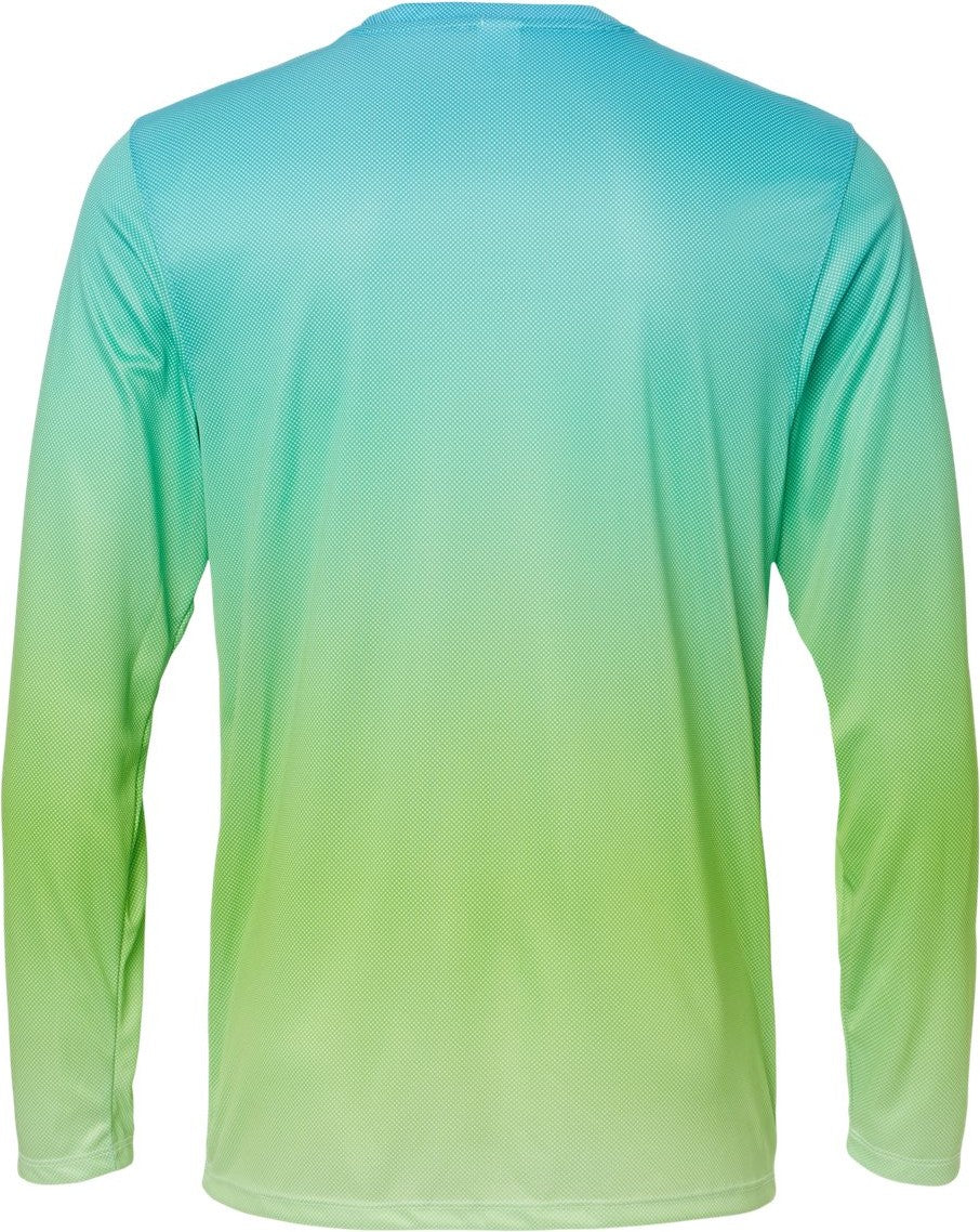 Rear View of Aqua Blue/ Light Lime Barbados Performance Pin Dot Long Sleeve T-Shirt - 225
