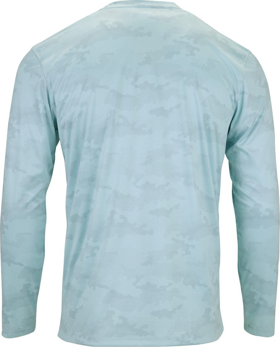 Rear View of Aqua Blue Pompano Performance Camo Long Sleeve T-Shirt - 217