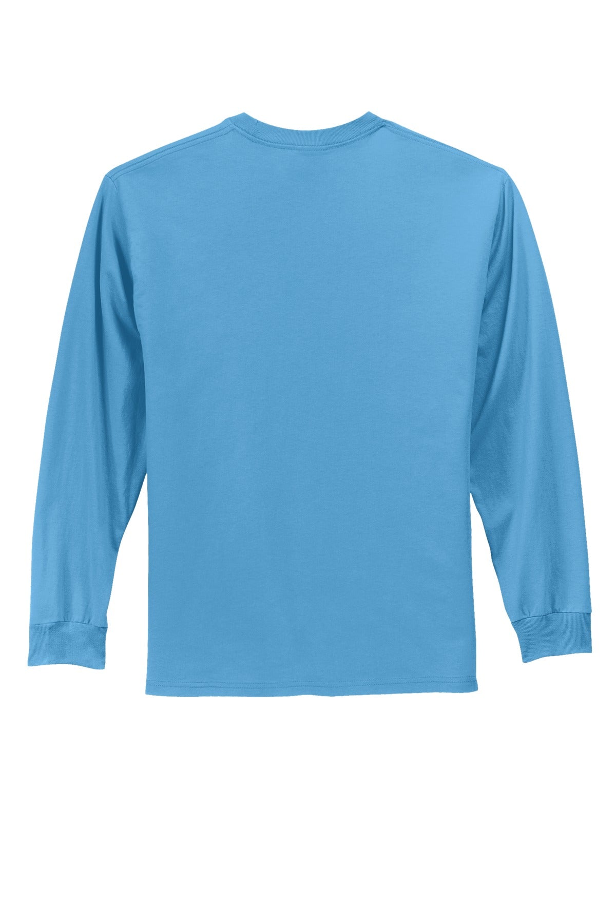 Rear View of Aquatic Blue Port & Co Tall Long Sleeve Essential Tee. PC61LST
