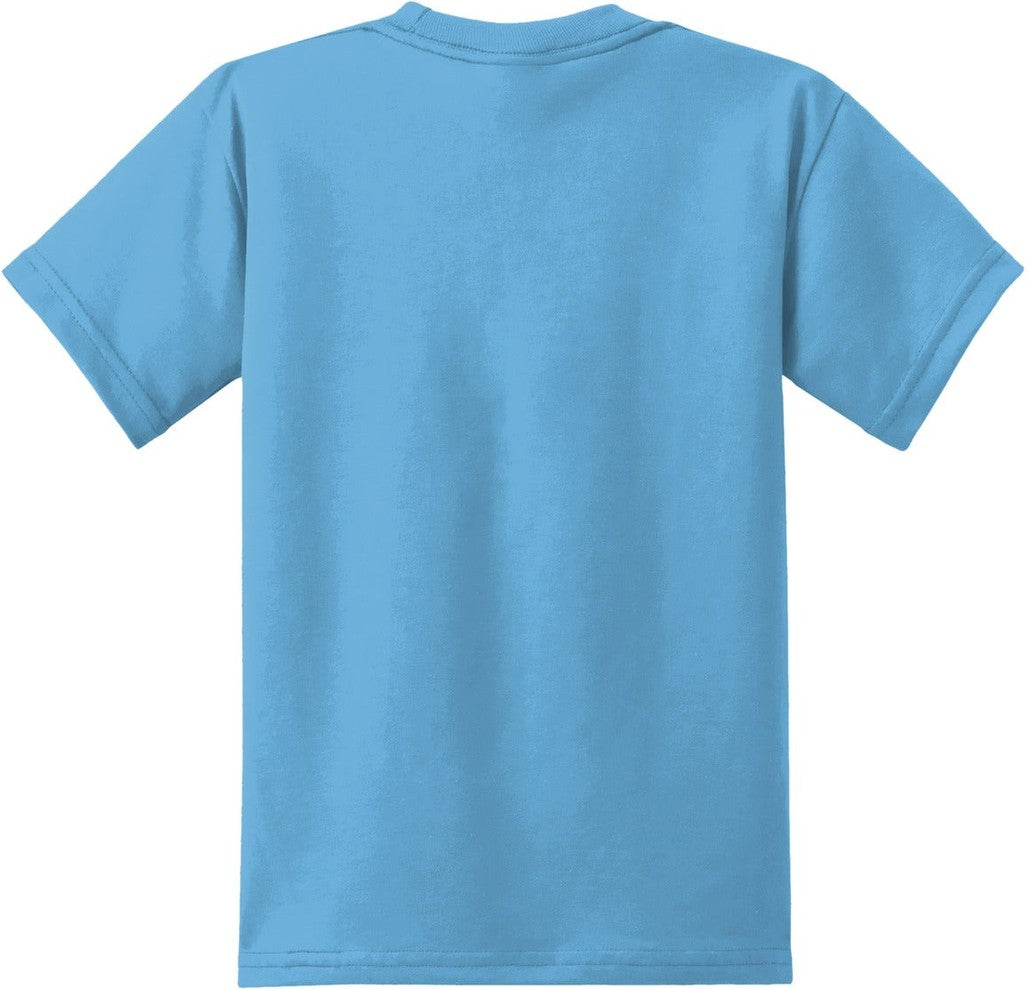 Rear View of Aquatic Blue Port & Co Youth Core Blend Tee. PC55Y