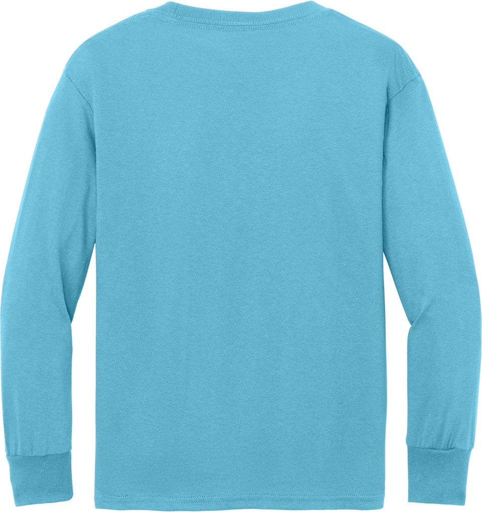 Rear View of Aquatic Blue Port & Co Youth Long Sleeve Core Cotton Tee. PC54YLS