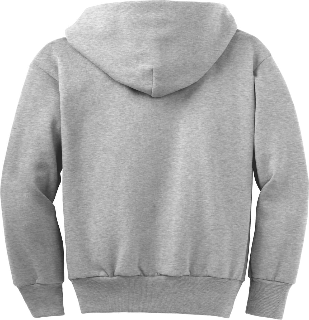 Front View of Ash Port & Co Youth Core Fleece Full-Zip Hooded Sweatshirt. PC90YZH