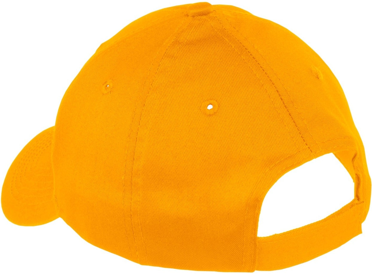 Front View of Ath Gold Port Authority Youth Six-Panel Twill Cap. YCP80