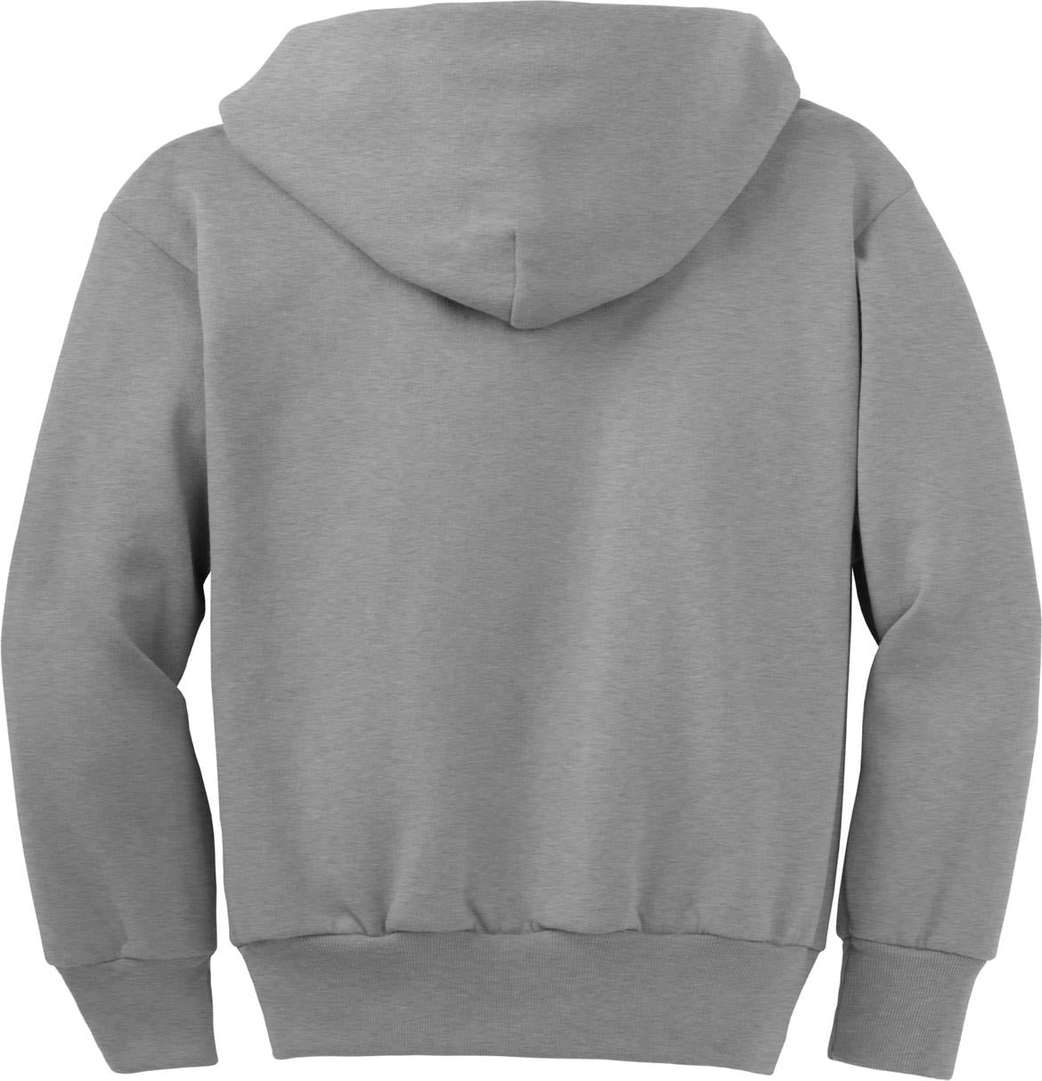 Rear View of Ath Heather Port & Co Youth Core Fleece Full-Zip Hooded Sweatshirt. PC90YZH