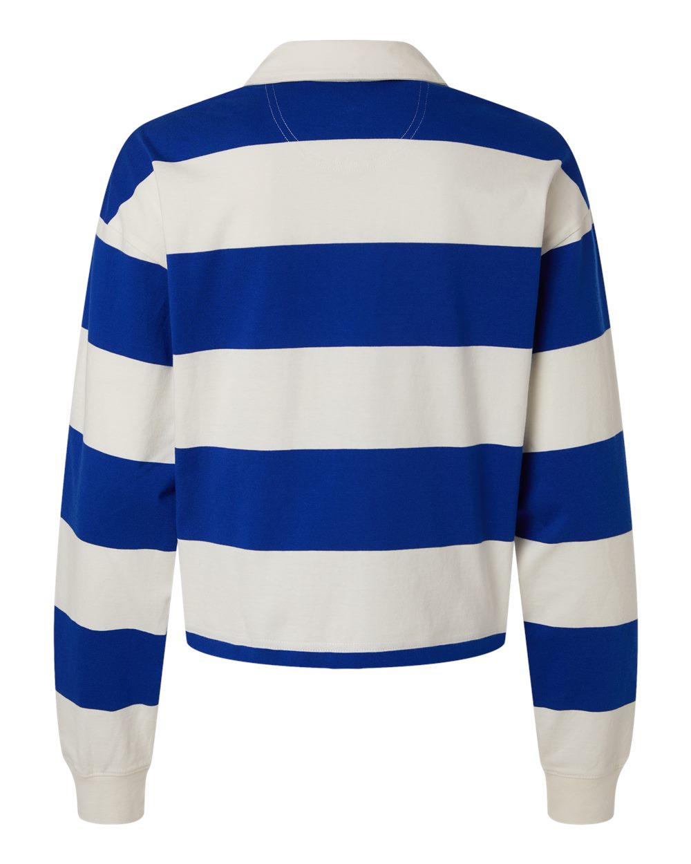Rear View of Athletic Royal/ Cream Women's Mid-Length Rugby Polo - CHRL01