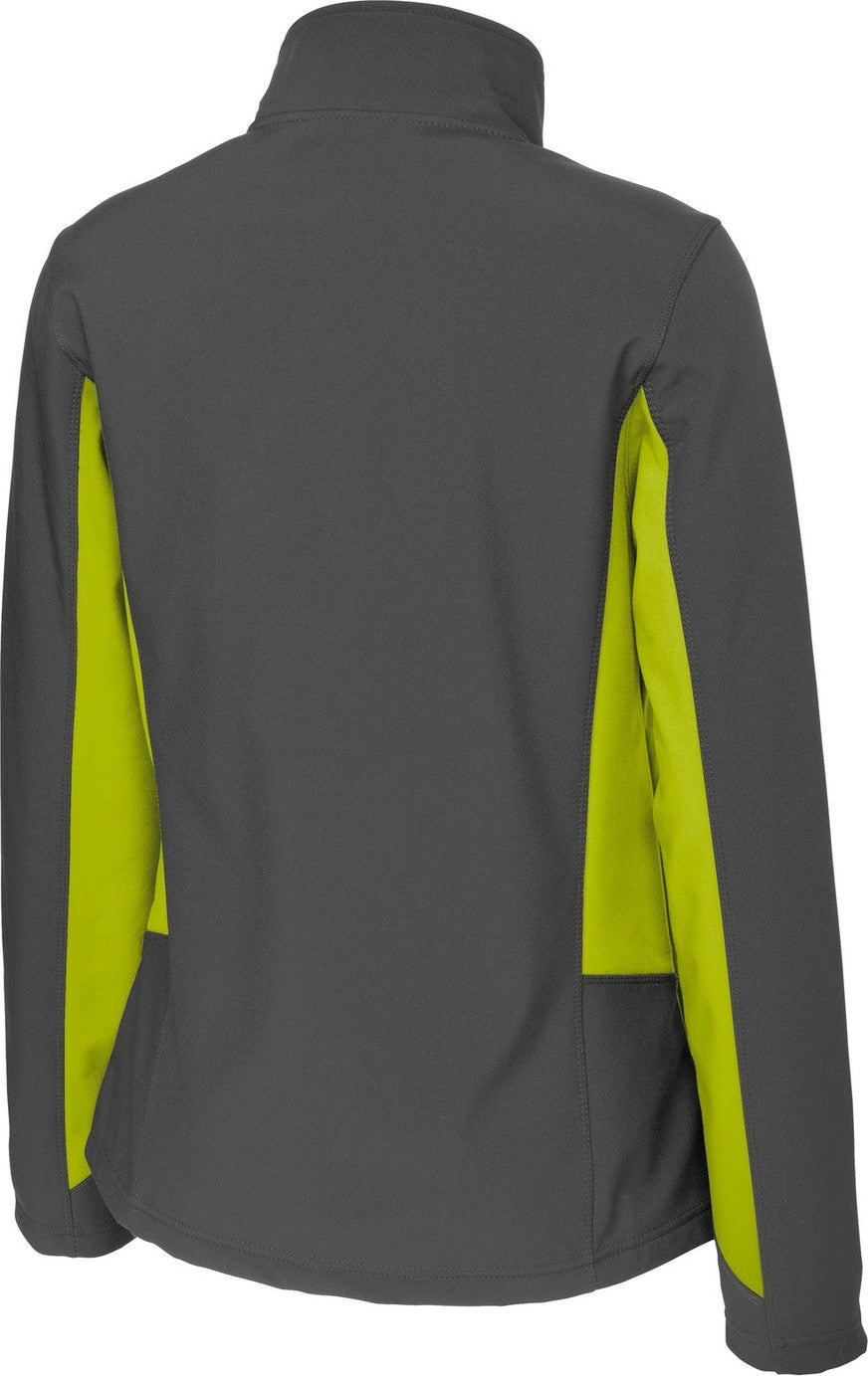 Front View of Bat Gry/Ch Grn Port Authority Women's Core Colorblock Soft Shell Jacket. L318