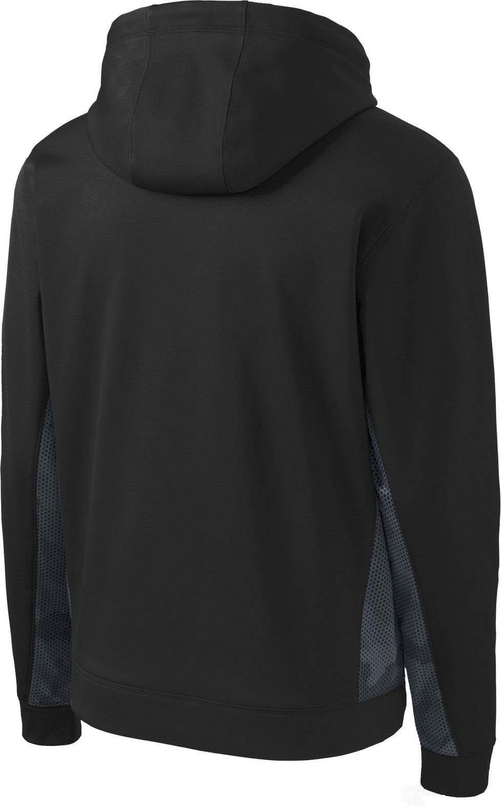 Front View of Bk/Dark Sm Gry Sport-Tek Youth Sport-Wick CamoHex Fleece Colorblock Hooded Pullover. YST239