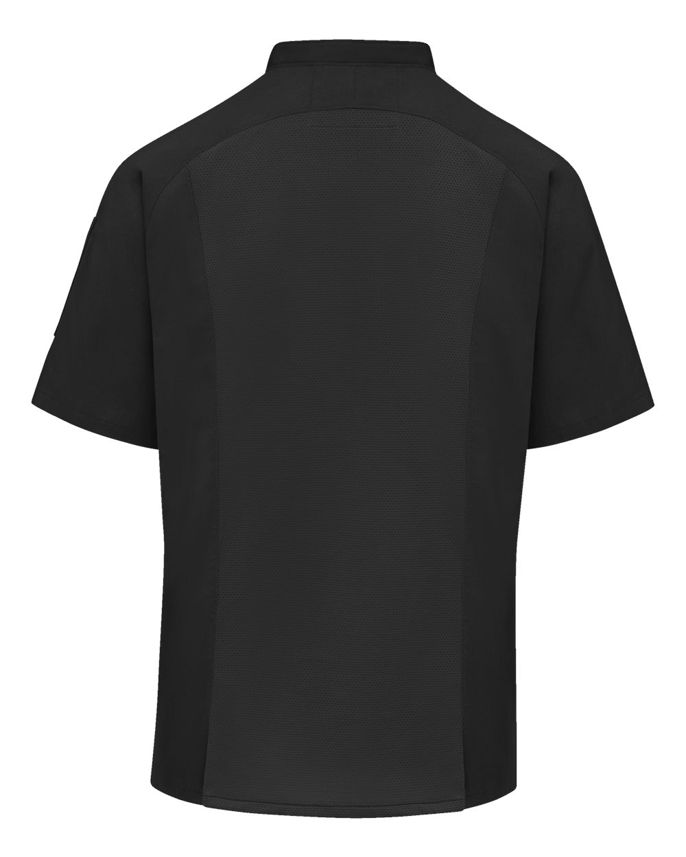 Front View of Black/ Black Mesh Airflow Raglan Chef Coat - 052M