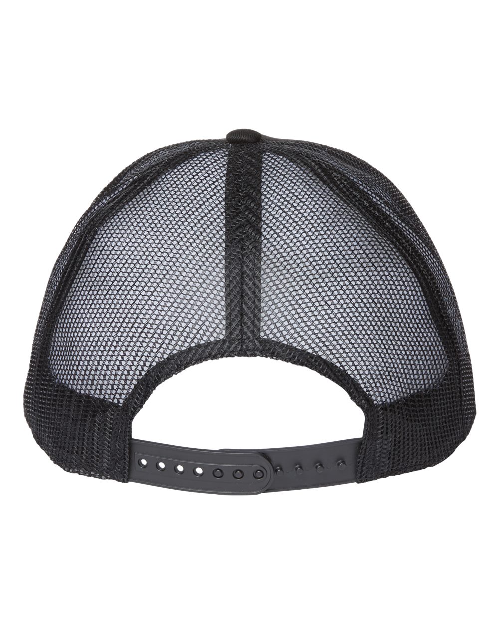 Front View of Black/ Black Sustainable Five-Panel Trucker Cap - ZION