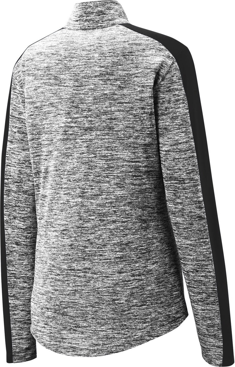 Front View of Black El/Black Sport-Tek Women's PosiCharge Electric Heather Colorblock 1/4-Zip Pullover. LST397