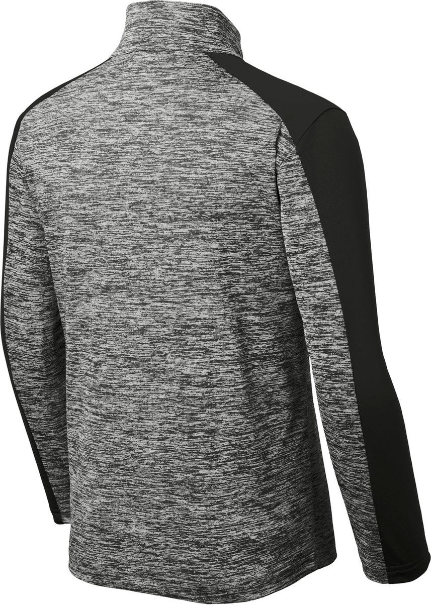 Front View of Black El/Black Sport-Tek Youth PosiCharge Electric Heather Colorblock 1/4-Zip Pullover. YST397