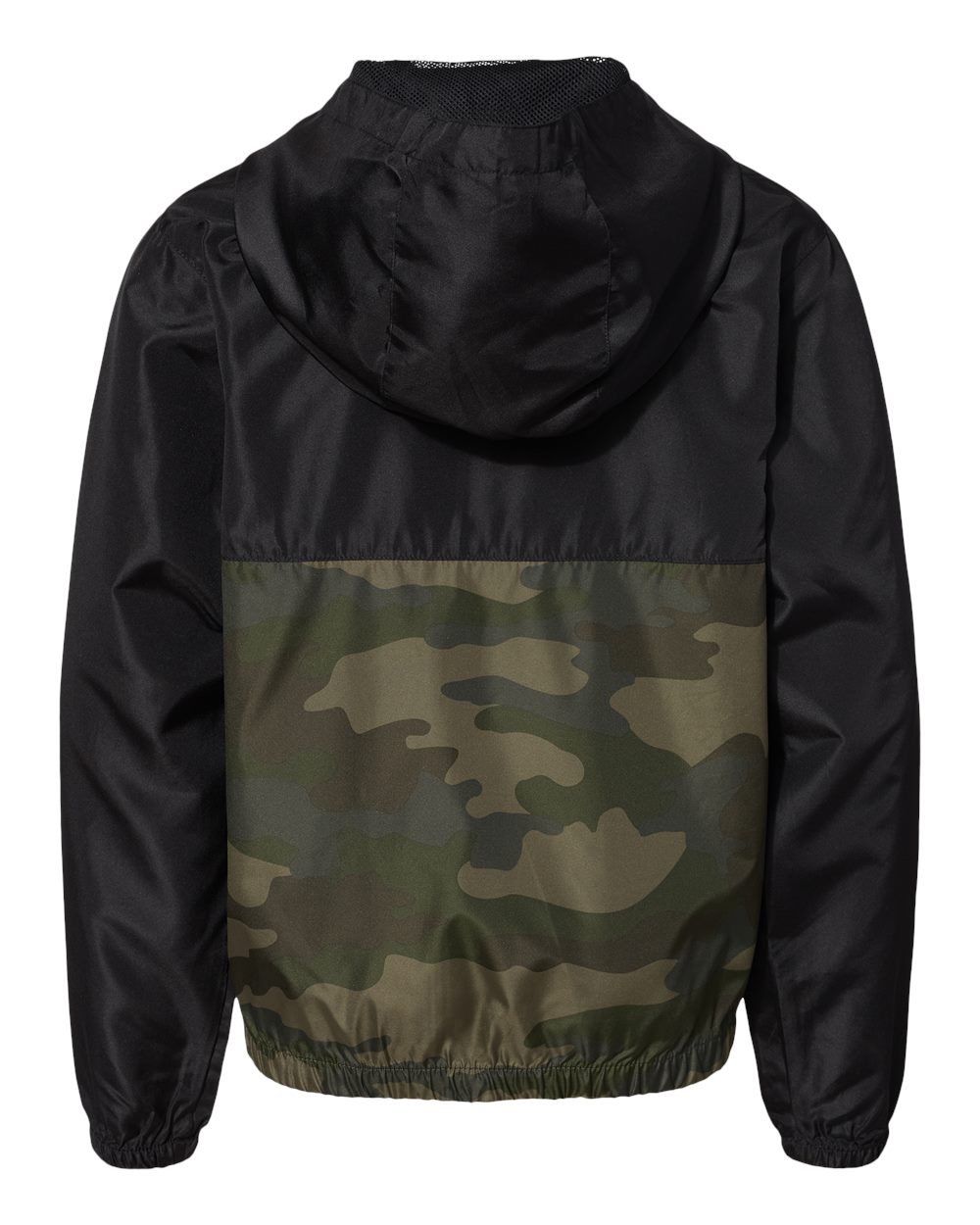 Rear View of Black/ Forest Camo Youth Lightweight Windbreaker Full-Zip Jacket - EXP24YWZ