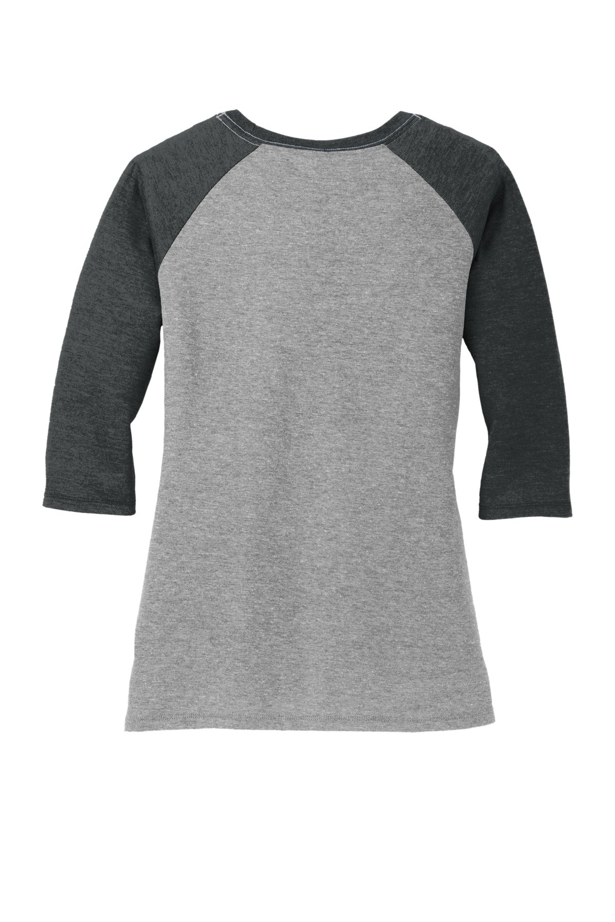 Front View of Black Fr/Gy Fr District Women's Perfect Tri 3/4-Sleeve Raglan. DM136L
