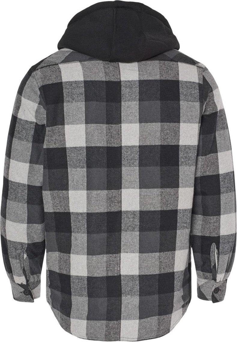 Front View of Black/ Grey Quilted Flannel Hooded Jacket - 8620