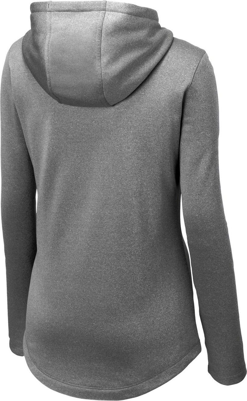 Front View of Black Hthr Sport-Tek Women's PosiCharge Sport-Wick Heather Fleece Hooded Pullover. LST264