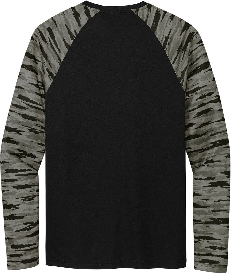 Front View of Black Sport-Tek Drift Camo Colorblock Long Sleeve Tee ST376LS