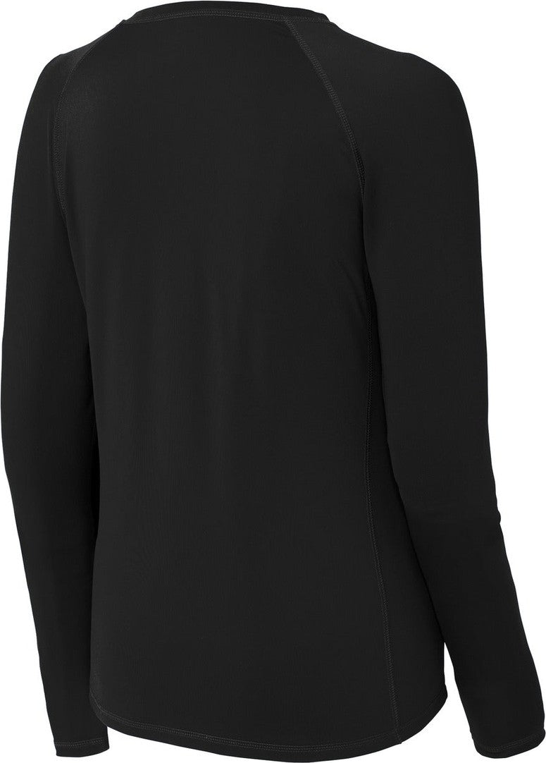 Front View of Black Sport-Tek Women's Long Sleeve Rashguard Tee. LST470LS
