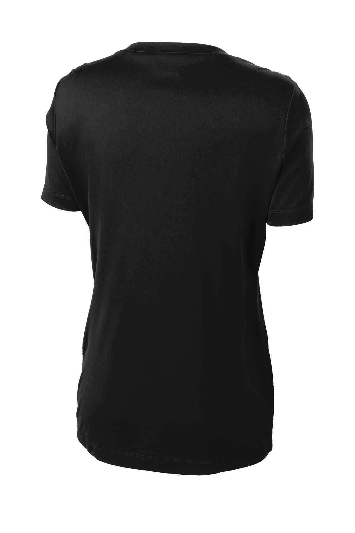 Front View of Black Sport-Tek Women's PosiCharge Competitor V-Neck Tee. LST353