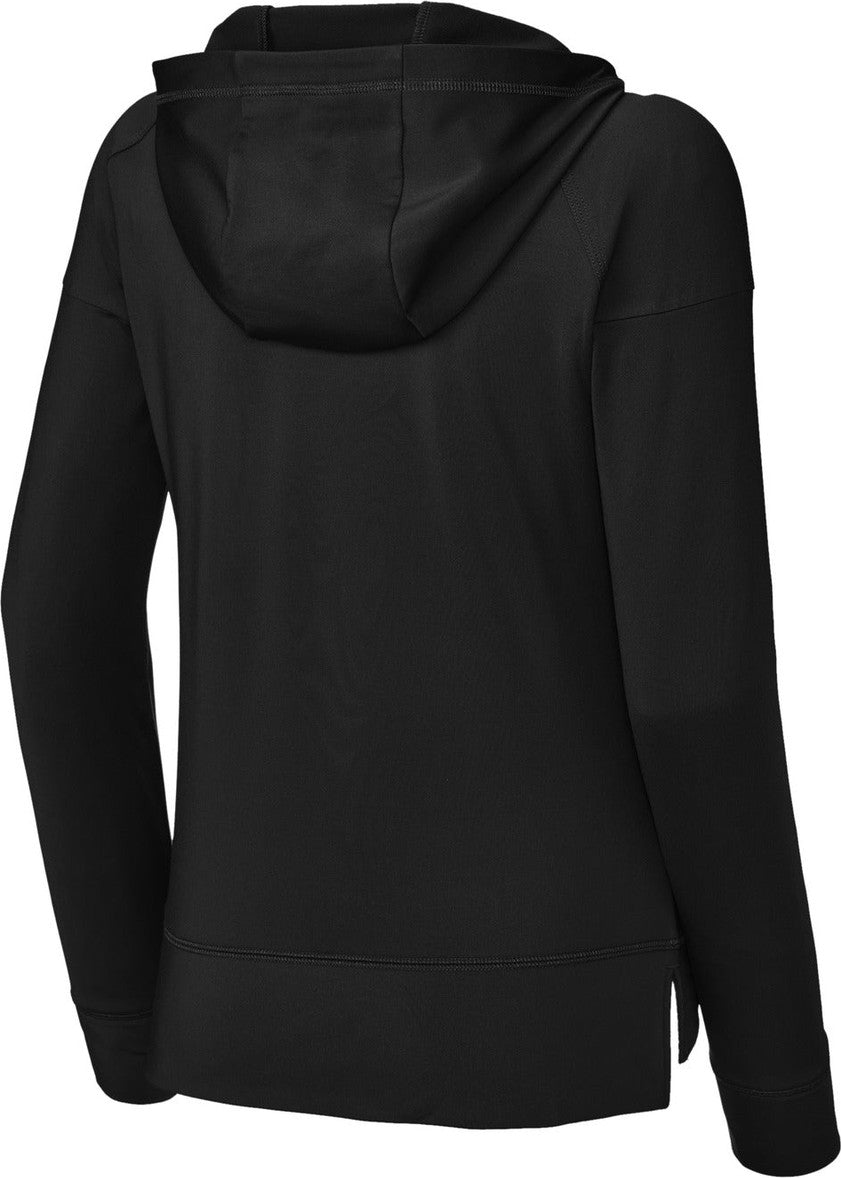 Rear View of Black Sport-Tek Women's Sport-Wick Stretch 1/2-Zip Hoodie LST856