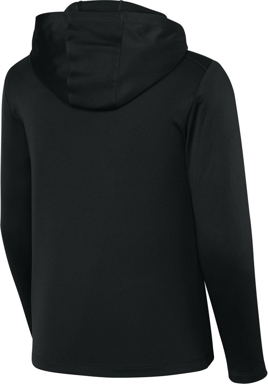 Rear View of Black Sport-Tek Youth Posi-UV Pro Long Sleeve Hoodie YST420LSH