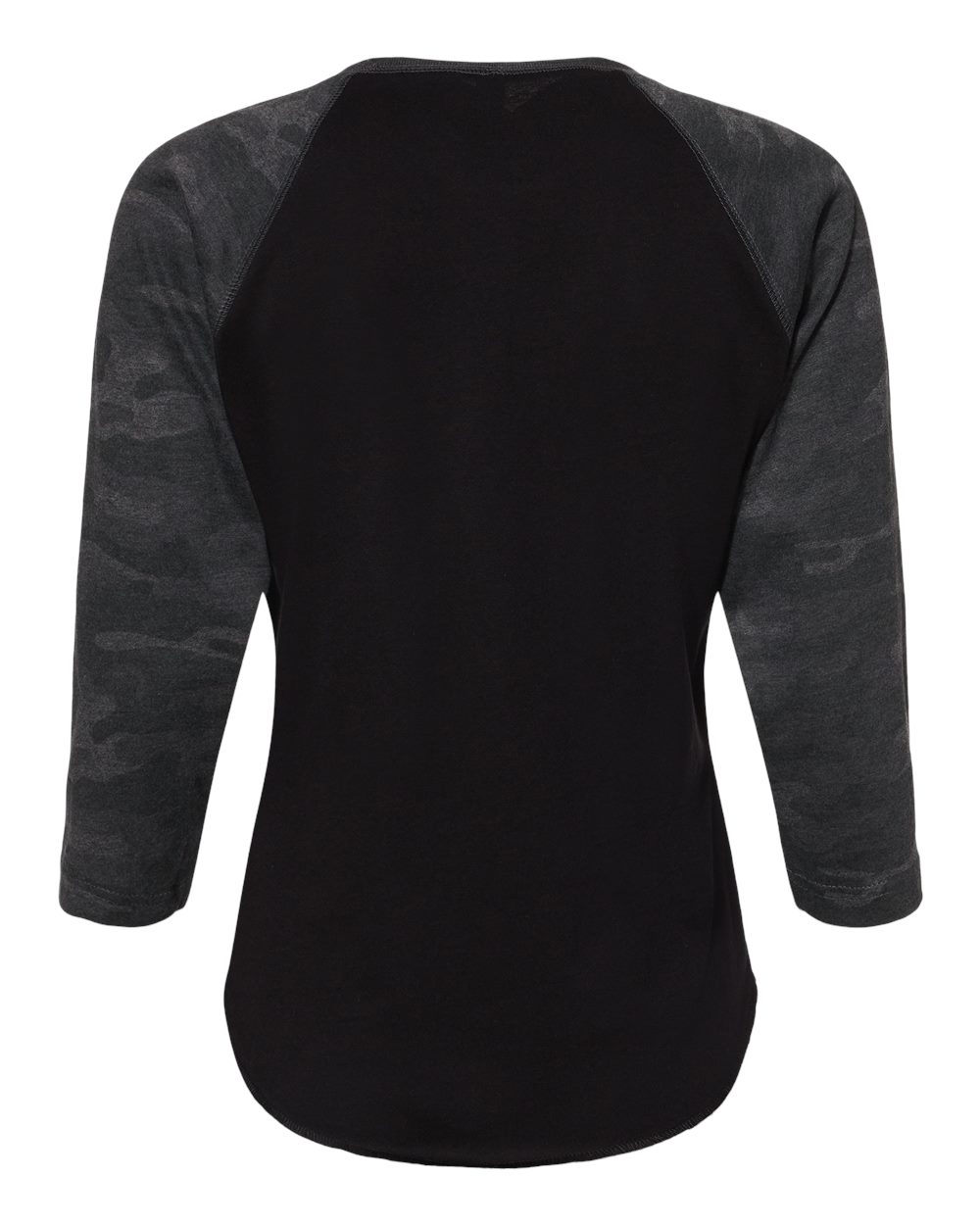 Front View of Black/ Storm Camo Women's Baseball Fine Jersey Three-Quarter Sleeve Tee - 3530