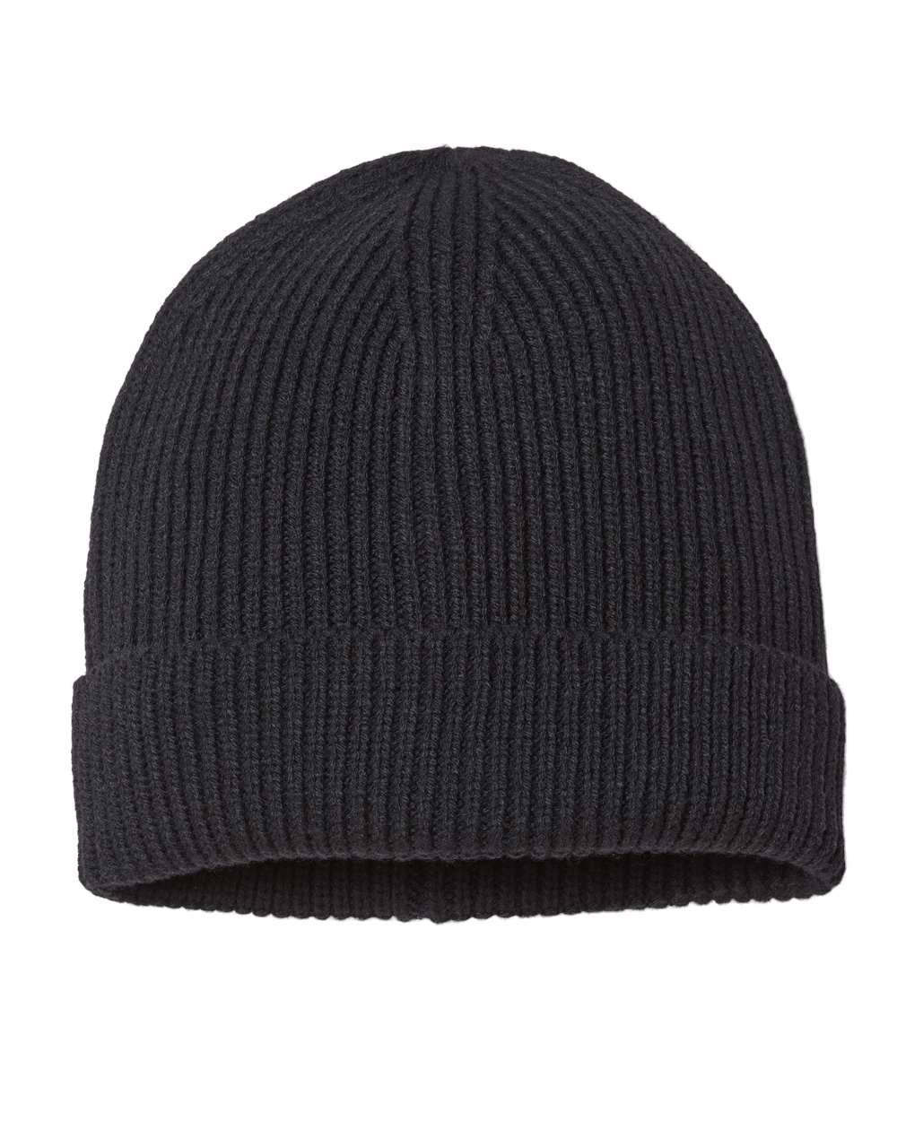 Front View of Black Sustainable Fine Rib Cuffed Beanie - ANDY