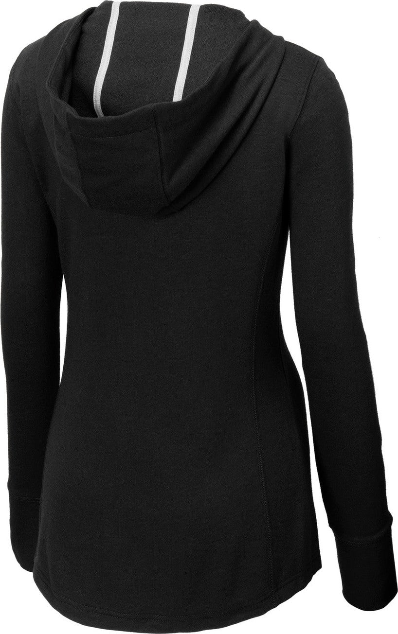 Front View of Black Triad So Sport-Tek Women's PosiCharge Tri-Blend Wicking Fleece Hooded Pullover. LST296