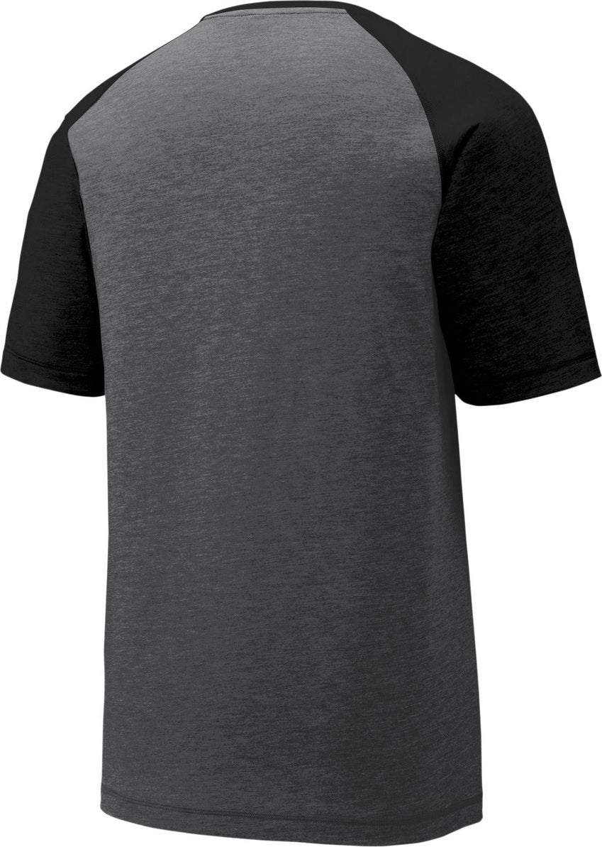 Front View of Black TS/DGH Sport-Tek PosiCharge Tri-Blend Wicking Raglan Tee. ST400