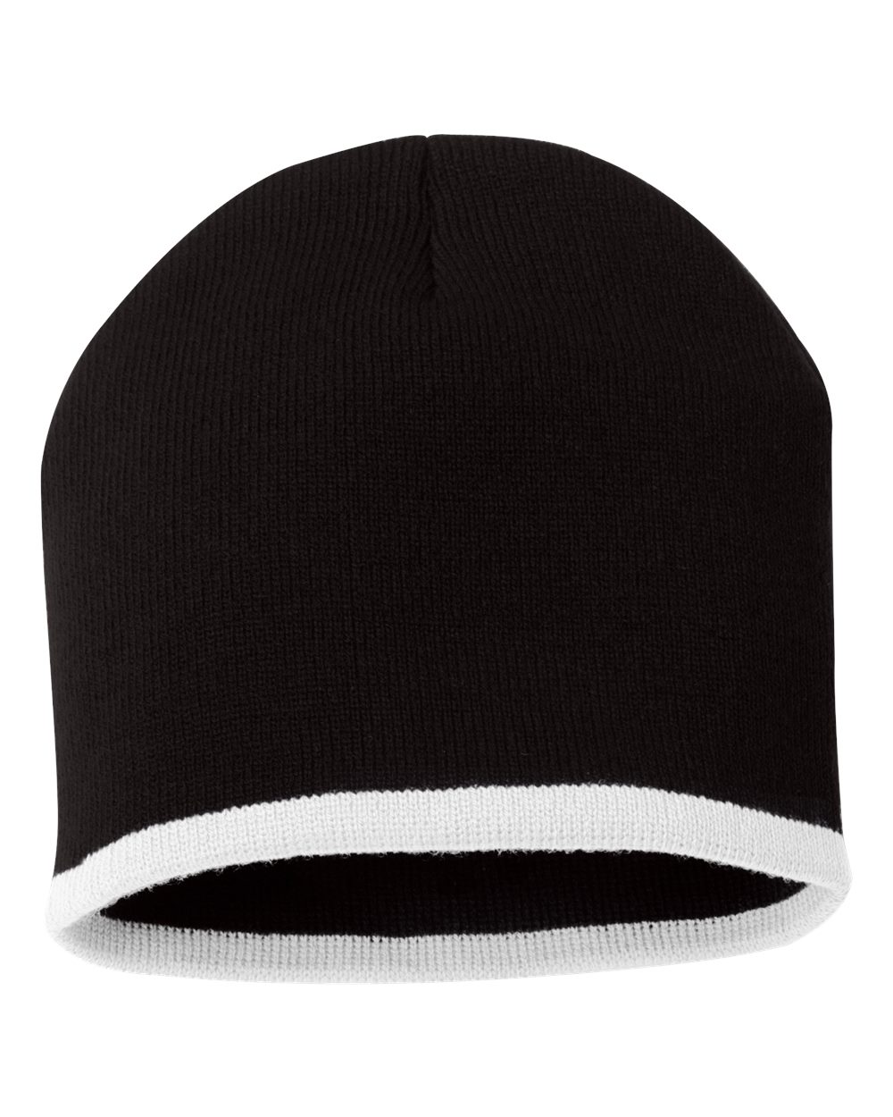 Front View of Black/ White 8" Bottom-Striped Beanie - SP09