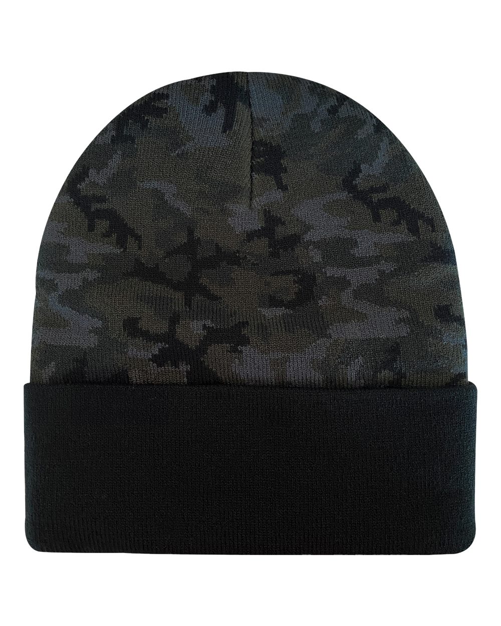 Rear View of Black Woodland Camo Coleman Cuffed Beanie - 3523