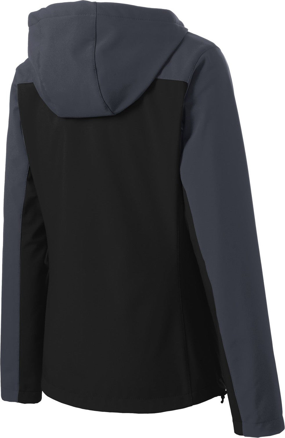 Rear View of Black/Batl Gry Port Authority Women's Hooded Core Soft Shell Jacket. L335