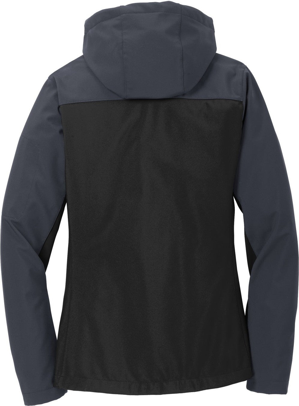 Rear View of Black/Batl Gry Port Authority Women's Hooded Core Soft Shell Jacket. L335