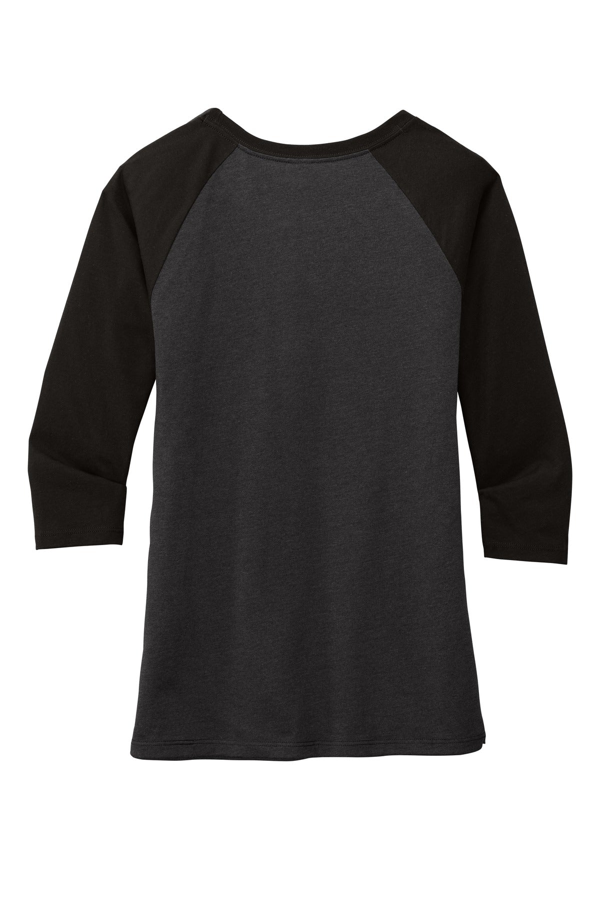 Front View of Black/Black Fr District Women's Perfect Tri 3/4-Sleeve Raglan. DM136L