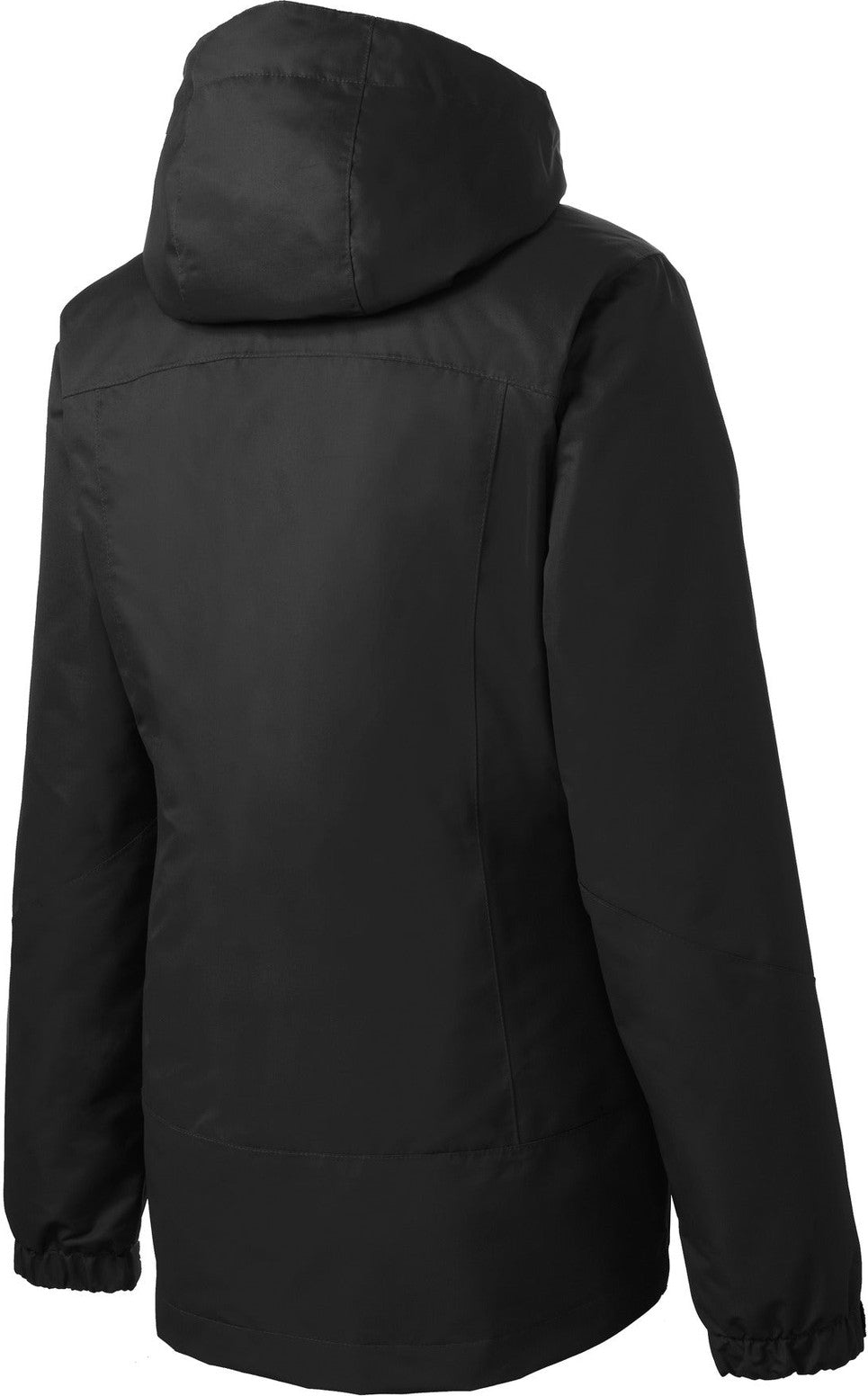 Rear View of Black/Black Port Authority Women's Vortex Waterproof 3-in-1 Jacket. L332