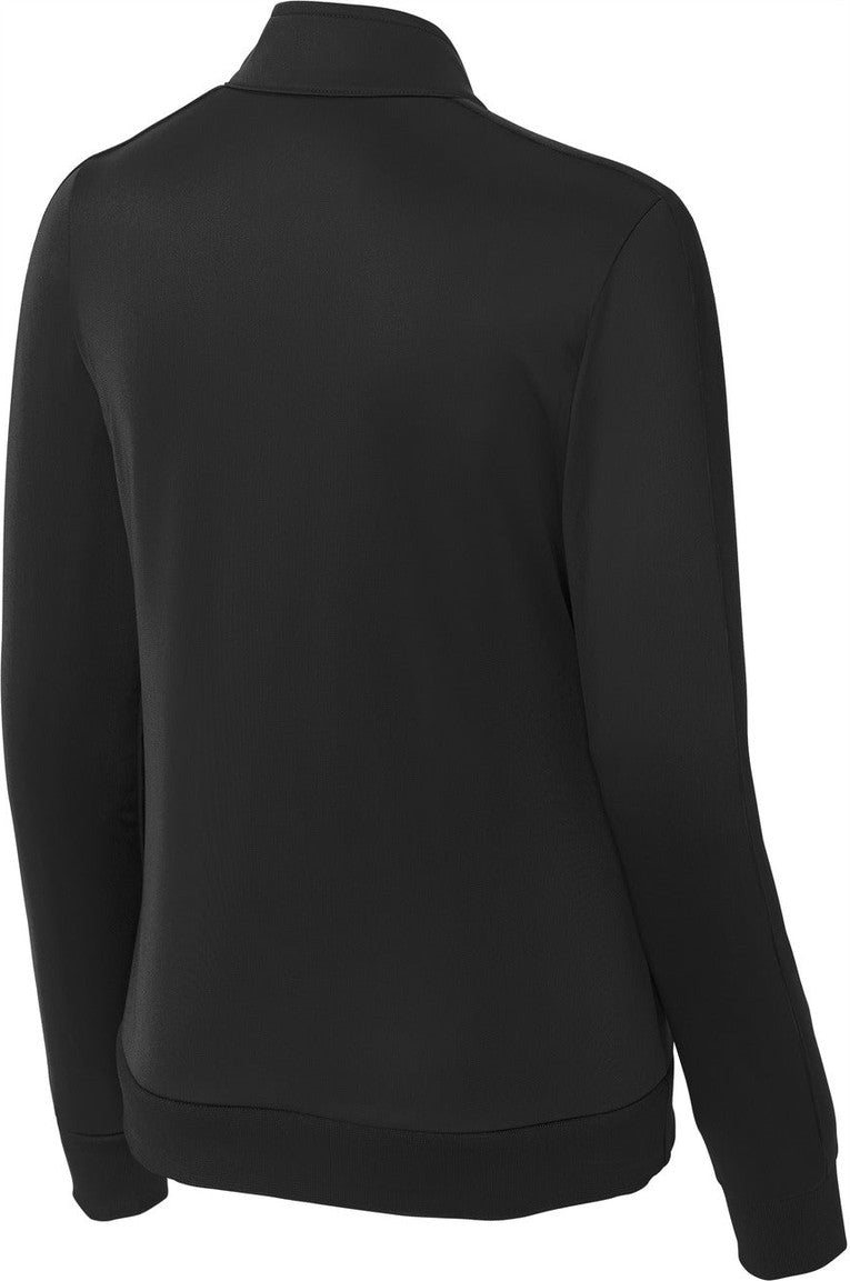 Front View of Black/Black Sport-Tek Ladies Tricot Sleeve Stripe Track Jacket. LST94