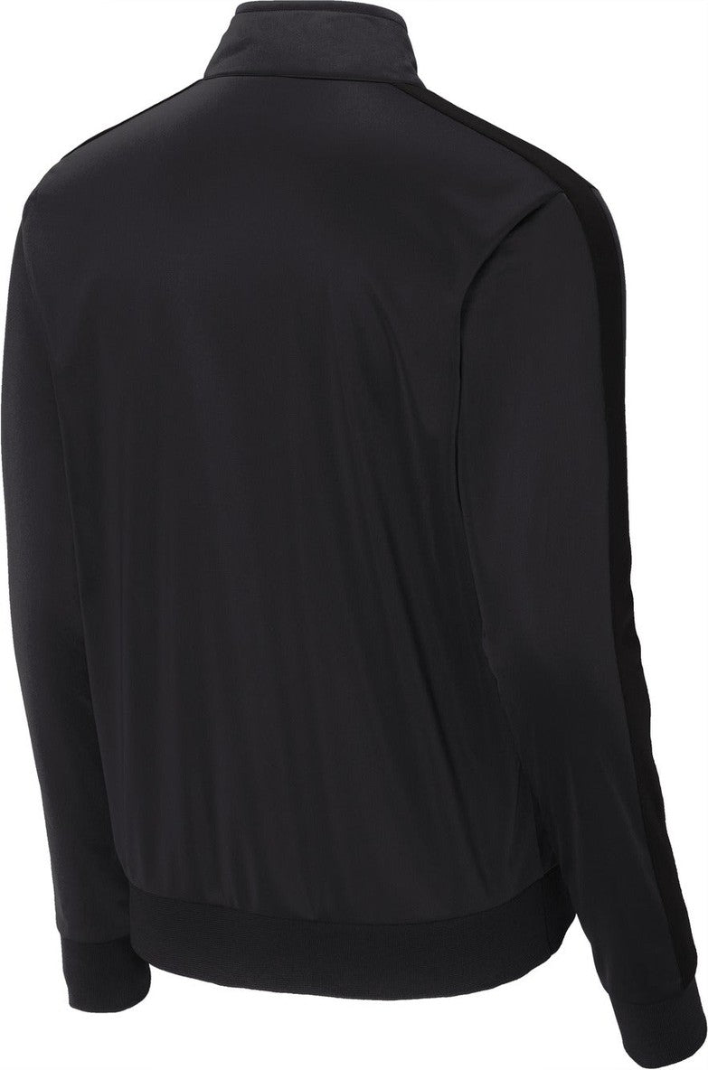Front View of Black/Black Sport-Tek Tricot Sleeve Stripe Track Jacket. JST94