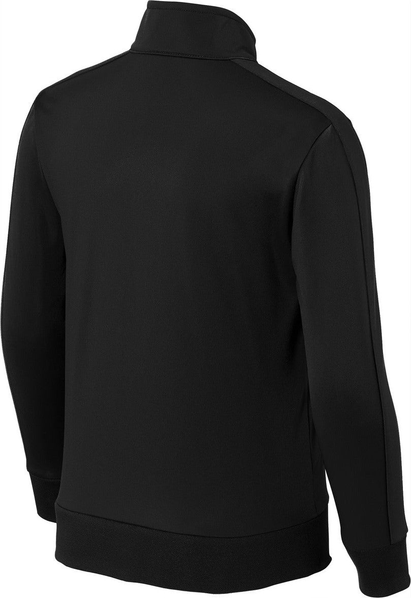 Front View of Black/Black Sport-Tek Youth Tricot Sleeve Stripe Track Jacket. YST94