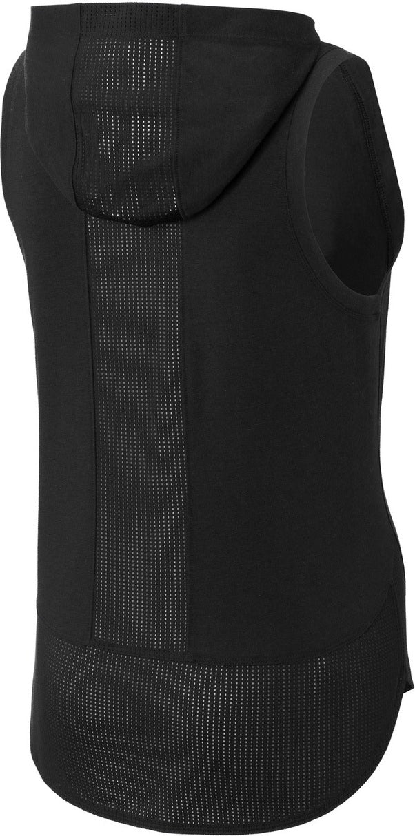 Front View of Black/Black TS Sport-Tek Women's PosiCharge Tri-Blend Wicking Draft Hoodie Tank. LST410