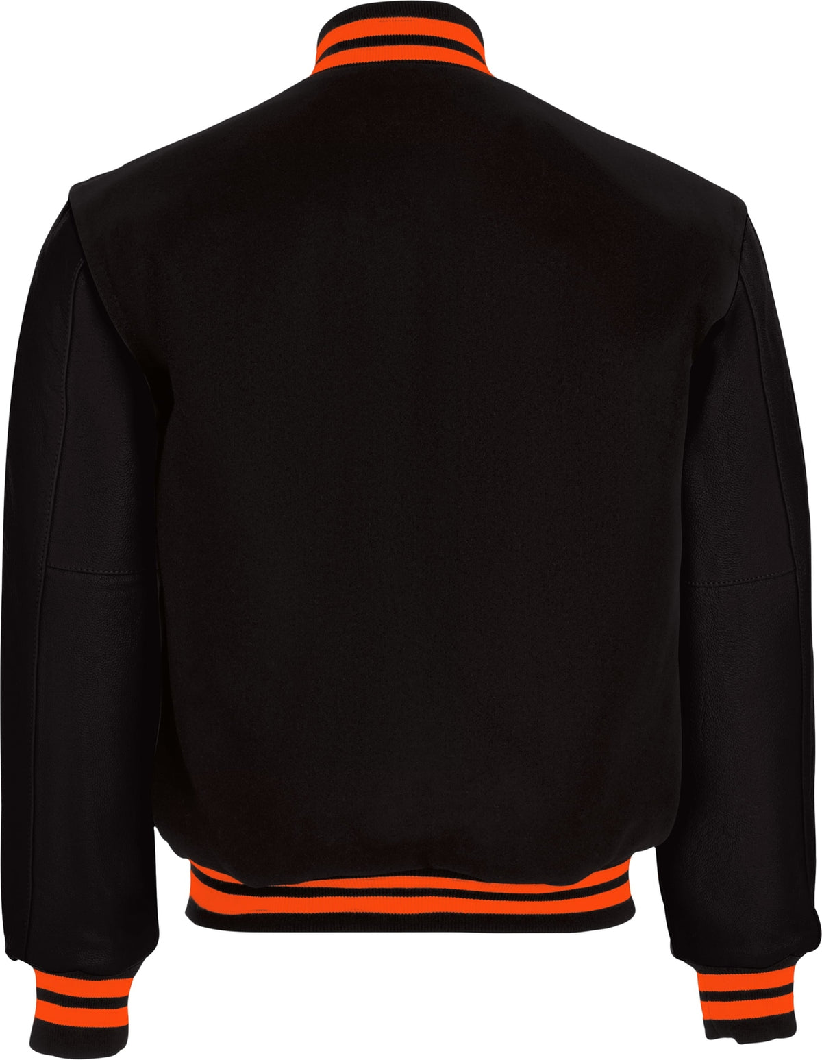 Rear View of BLACK/BURNT ORANGE VARSITY WOOL JACKET