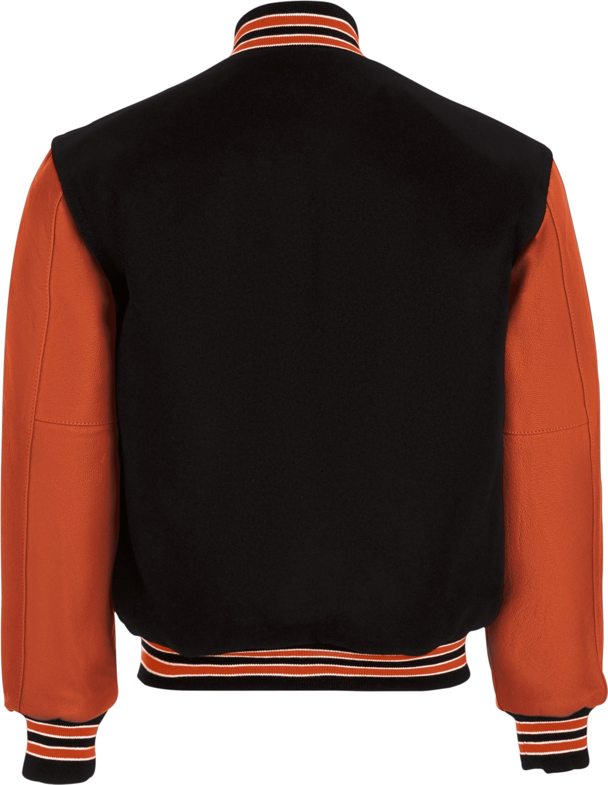 Rear View of BLACK/BURNT ORANGE/BURNT ORANGE VARSITY WOOL JACKET