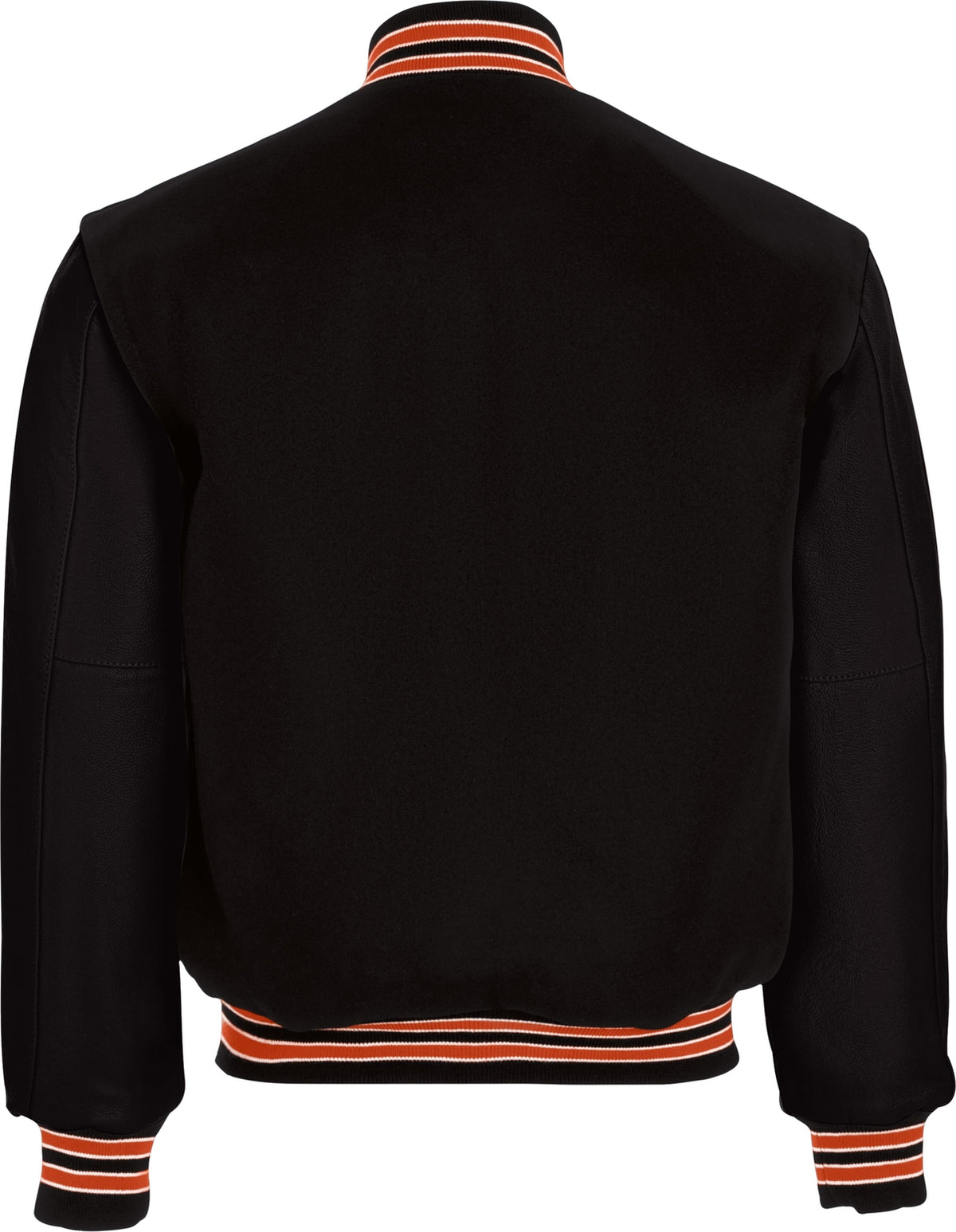 Rear View of BLACK/BURNT ORANGE/WHITE VARSITY WOOL JACKET