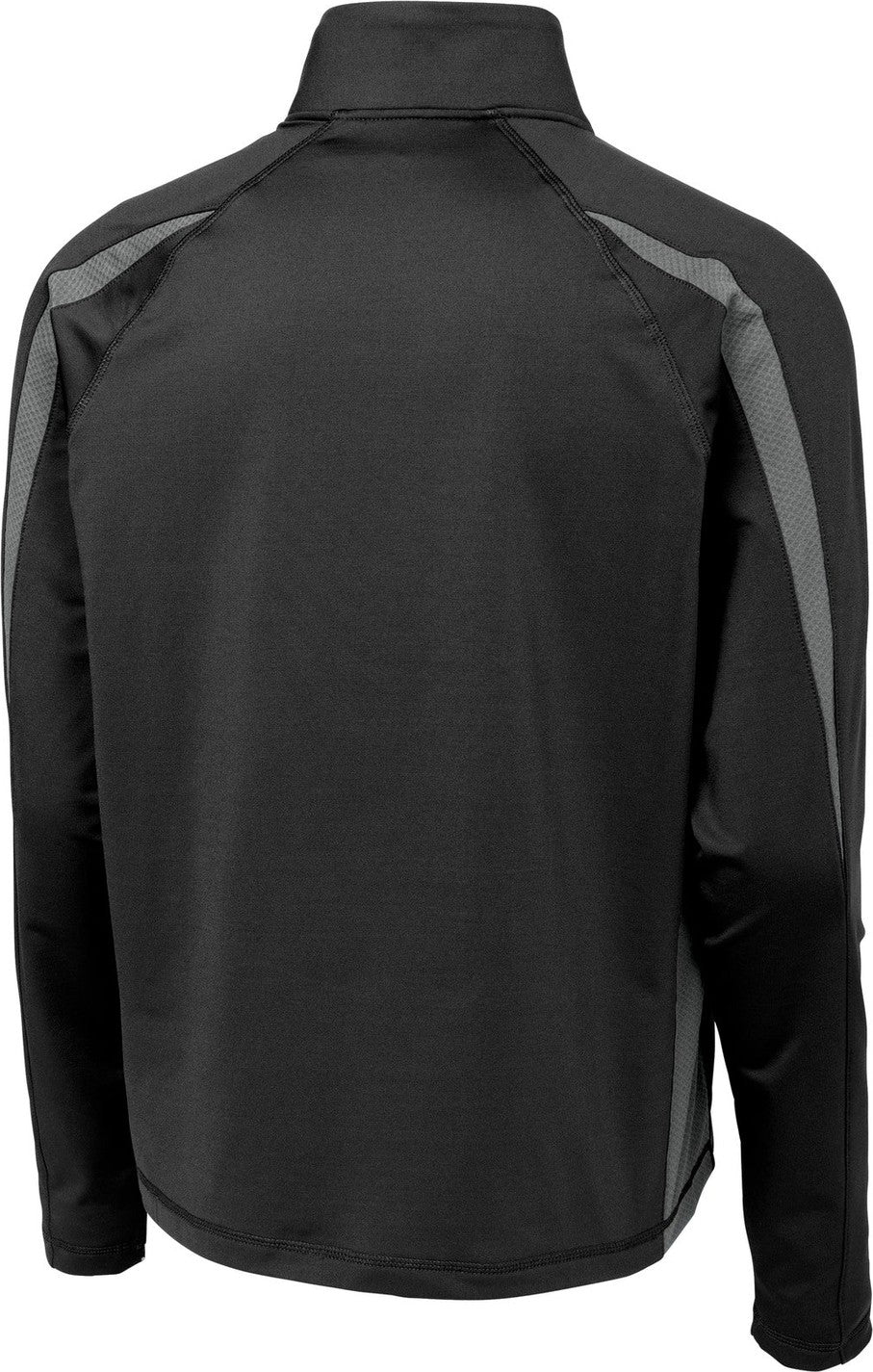 Front View of Black/Char Gry Sport-Tek Sport-Wick Stretch 1/4-Zip Colorblock Pullover. ST851