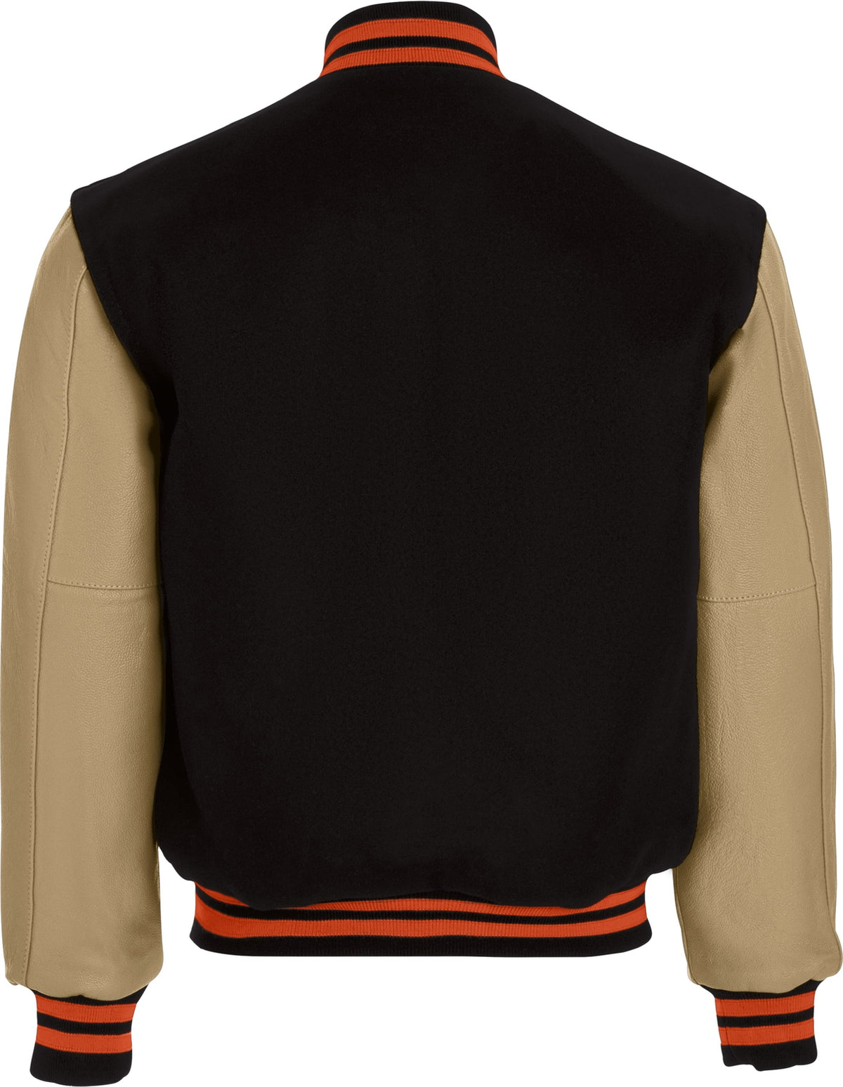 Rear View of BLACK/CREAM/BURNT ORANGE VARSITY WOOL JACKET