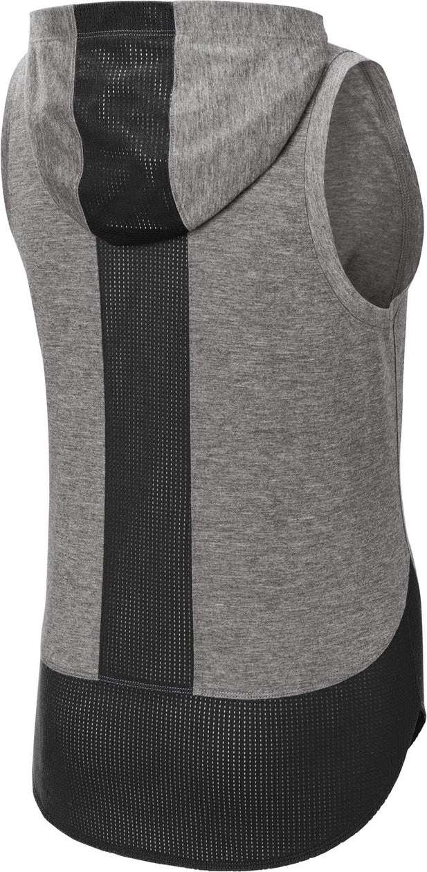 Rear View of Black/Dk Gy He Sport-Tek Women's PosiCharge Tri-Blend Wicking Draft Hoodie Tank. LST410