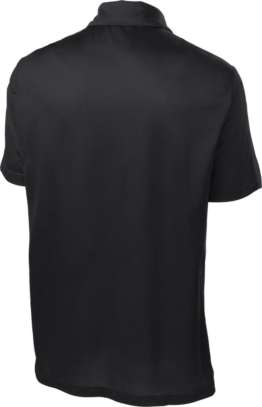 Front View of Black/Grey Sport-Tek PosiCharge Active Textured Colorblock Polo. ST695