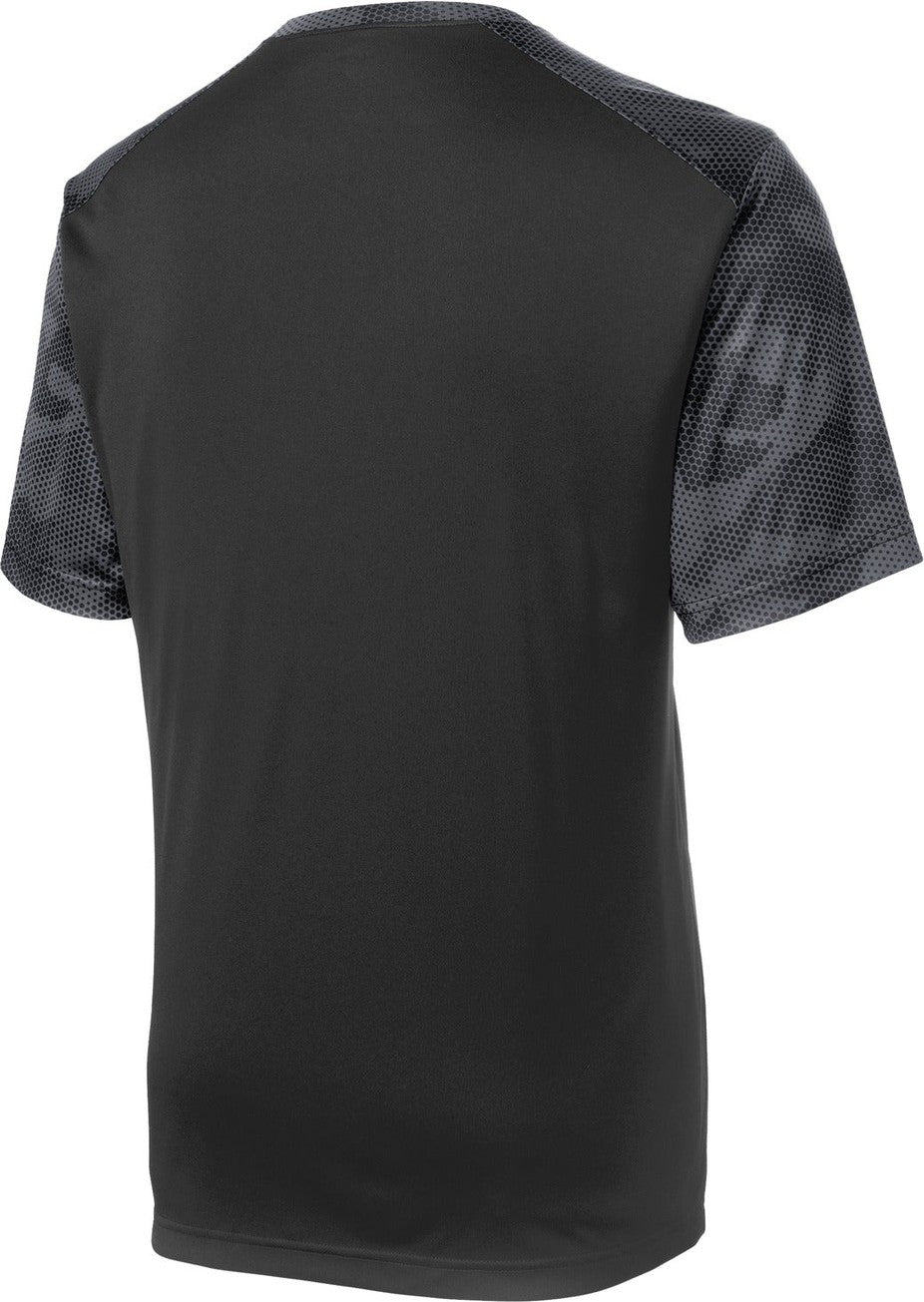 Rear View of Black/Iron Gry Sport-Tek CamoHex Colorblock Tee. ST371
