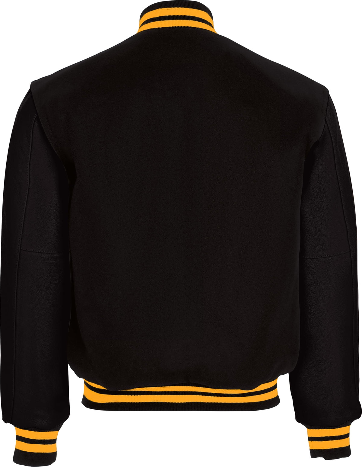 Rear View of BLACK/LIGHT GOLD VARSITY WOOL JACKET