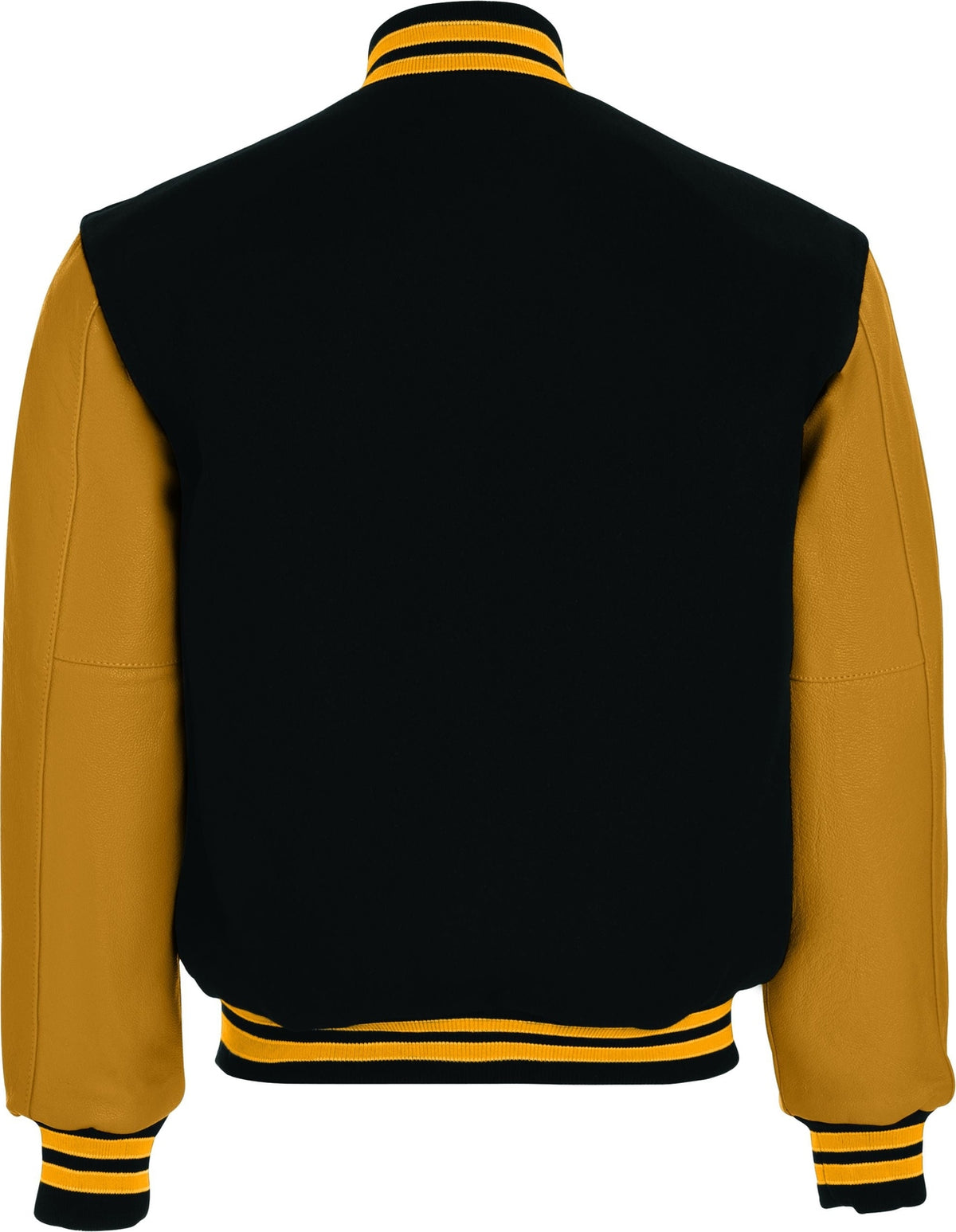 Rear View of BLACK/LIGHT GOLD/LIGHT GOLD VARSITY WOOL JACKET