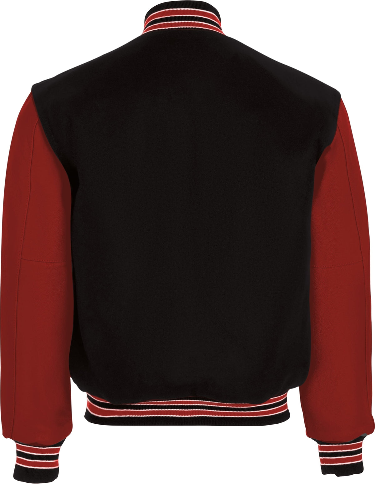 Rear View of BLACK/SCARLET/SCARLET VARSITY WOOL JACKET