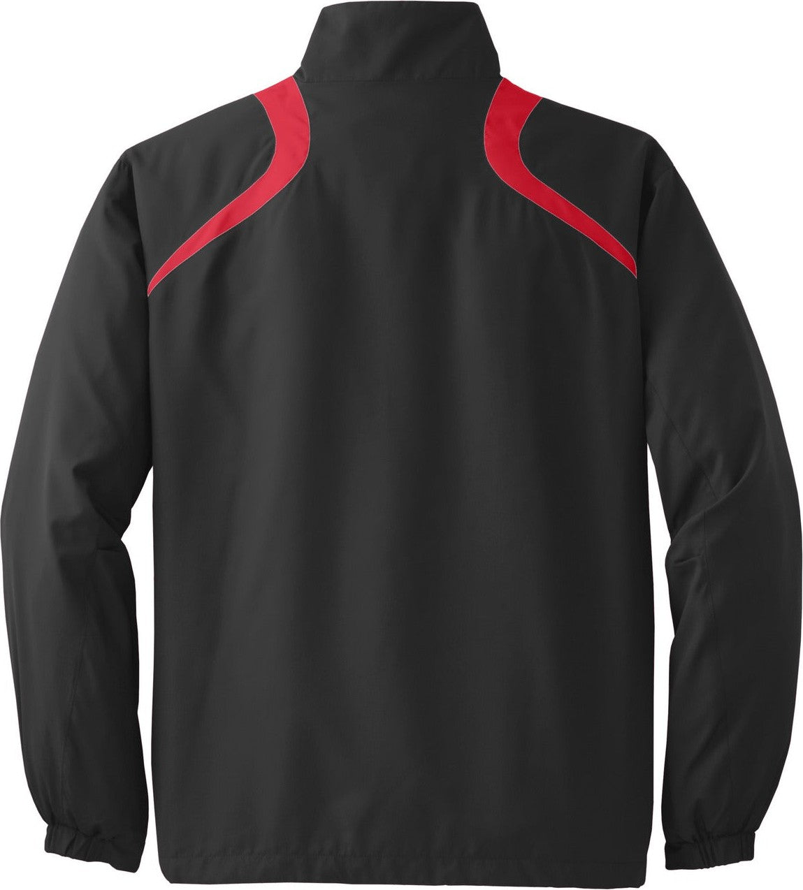 Front View of Black/True Red Sport-Tek 1/2-Zip Wind Shirt. JST75